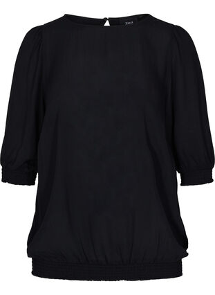 Viskose bluse med 3/4 ærmer og smock, Black, Packshot image number 0
