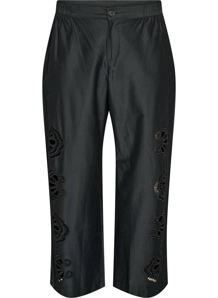 Bukser i bomuld med broderede udsk&aelig;ringer, Sort, Packshot image number 0