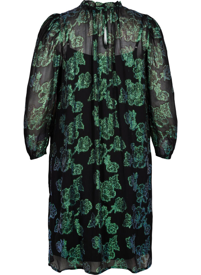 Blomstret viskosekjole med lurex struktur, Black w. Green Lurex, Packshot image number 1