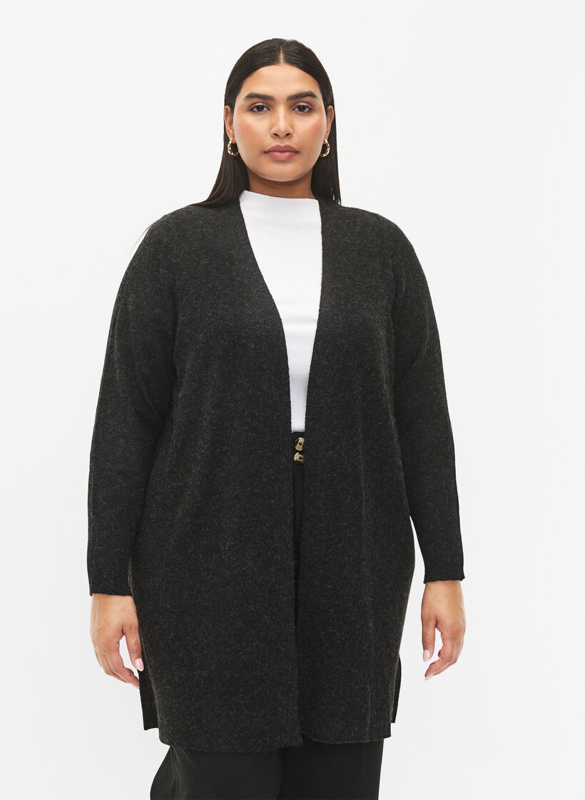 Lang åbenstående cardigan, Dark Grey Melange, Model image number 0