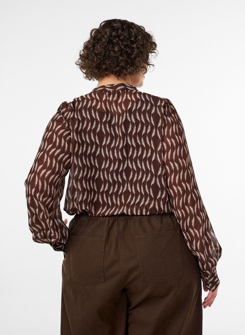 Bluse med all-over print og kort knapstolpe, Brun, Model image number 2