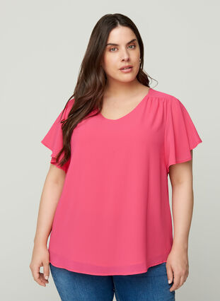 Bluse med korte ærmer, Fandango Pink, Model image number 0
