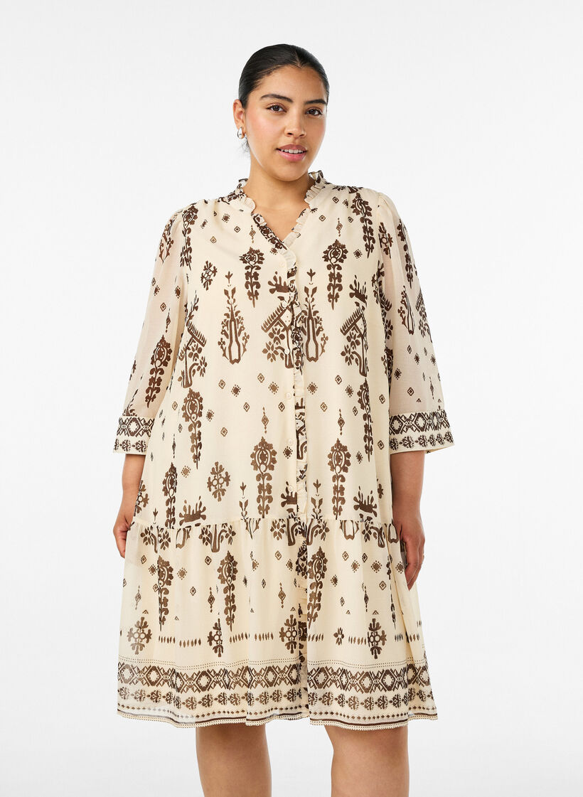 Kjole med ornamentprint og fl&aelig;sekrave, Beige, Model image number 0