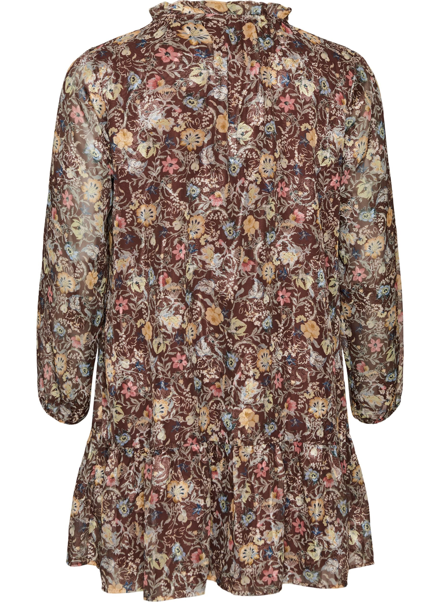 ZizziChiffonkjole med blomsterprint og fl&aelig;selag, Brun, Packshot image number 1