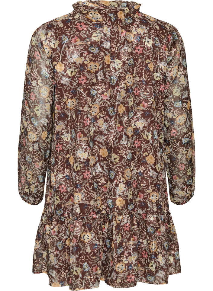 Chiffonkjole med blomsterprint og fl&aelig;selag, Brun, Packshot image number 1