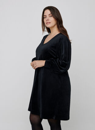 Velour kjole med lange pufærmer, Black, Model image number 0