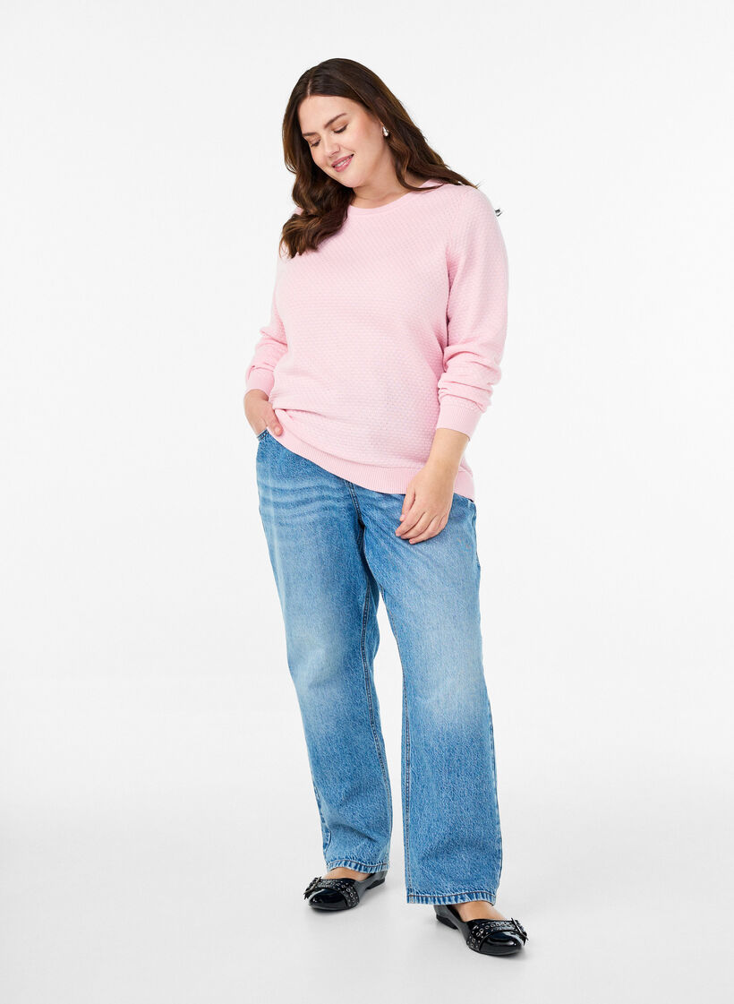 Strikbluse i bomuld med strukturmønster, Lyserød, Model image number 1