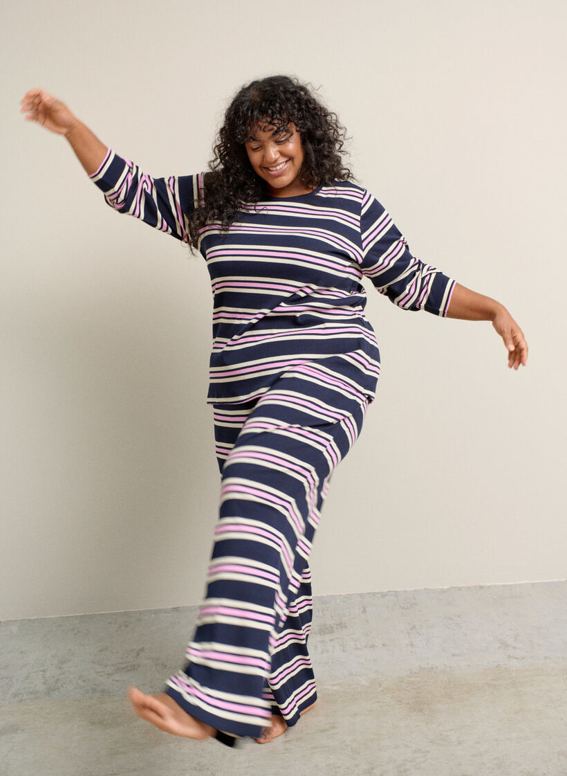 Lang&aelig;rmet natbluse i rib jersey med striber, Bl&aring;, Image image number 0