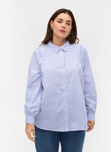 Stribet skjorte i bomuld, White/Blue stripe, Model image number 0