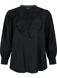 Viskosebluse med flæser og broderidetalje, Black
