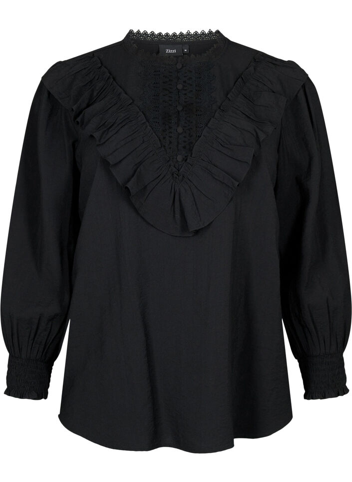 Viskosebluse med flæser og broderidetalje, Black, Packshot image number 0