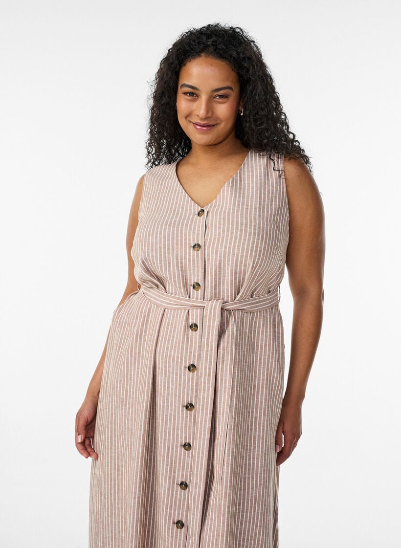 &AElig;rmel&oslash;s midikjole i h&oslash;r og viskose med striber, Beige, Model image number 2