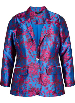 Blomstret blazer med perleknap, Blue Quartz Jaquard, Packshot image number 0