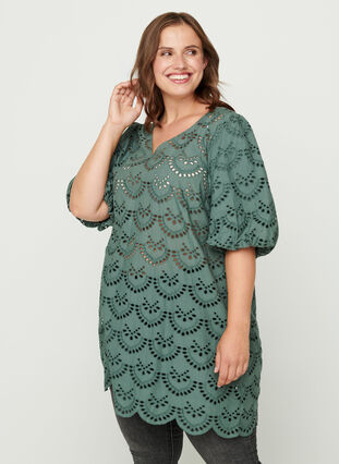 Broderi anglaise tunika i bomuld, Balsam Green, Model image number 0