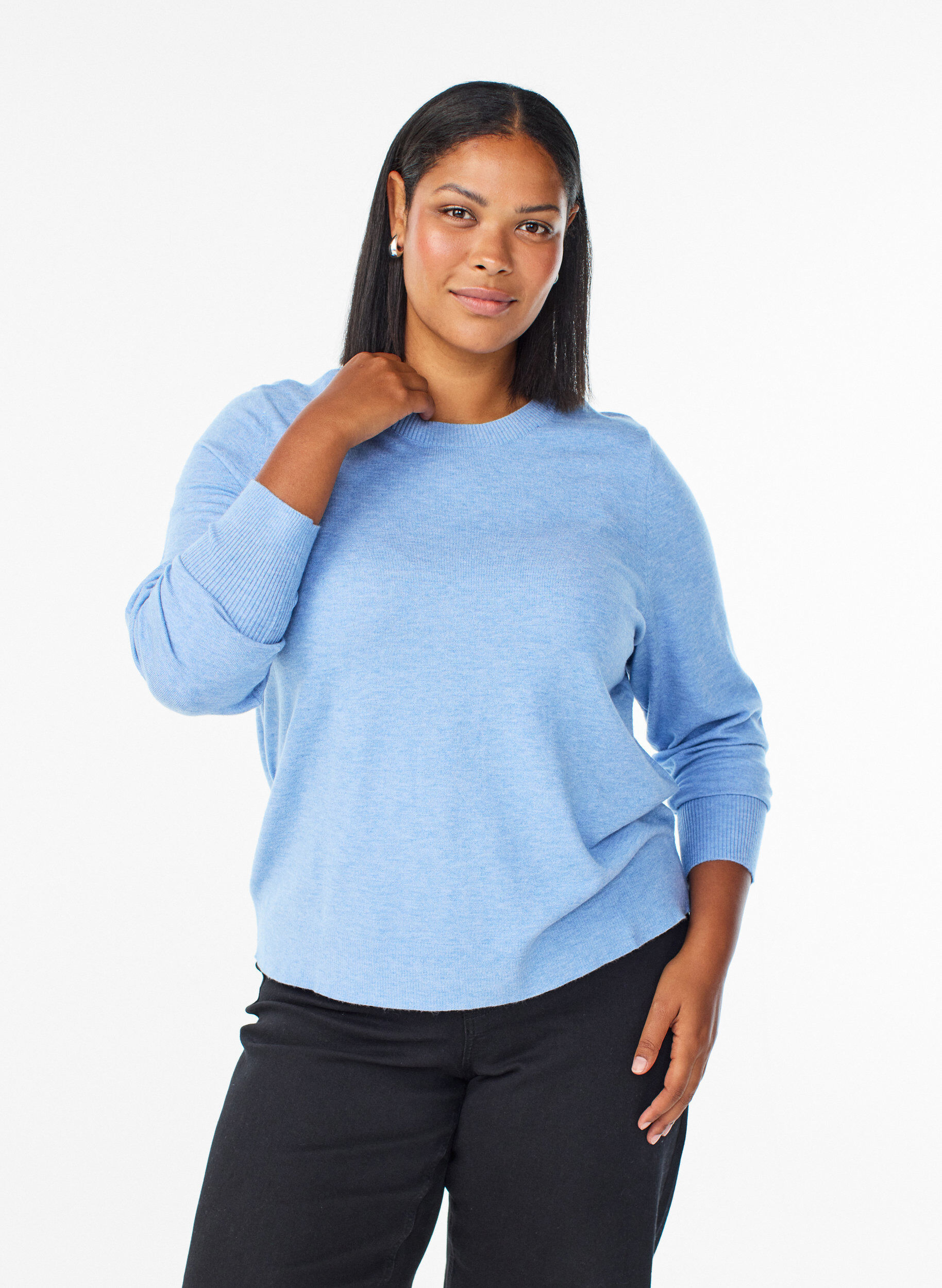 ZizziStrikbluse med rund hals, Bl&aring;, Model image number 0