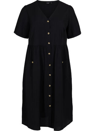 Kortærmet kjole med knapper og lommer, Black, Packshot image number 0