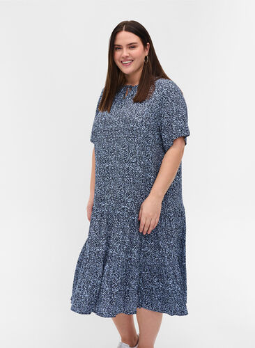 Kortærmet viskose kjole med print, Blue Flower Mix, Model image number 0