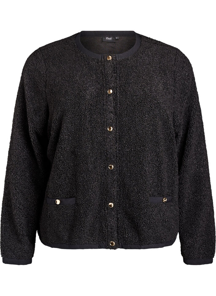 Teddy-cardigan med guldfarvede knapper, Sort, Packshot image number 0
