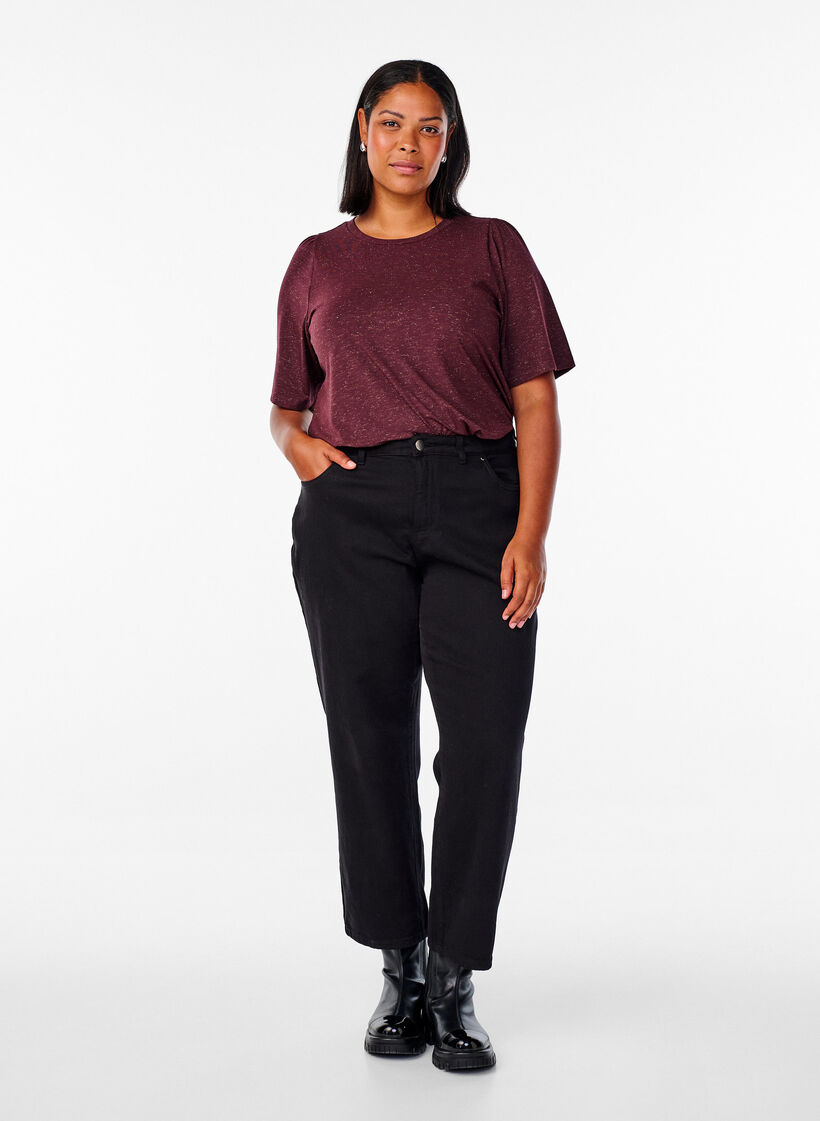 T-shirt med glitter og korte pufærmer, Mørk Bordeaux, Model image number 1