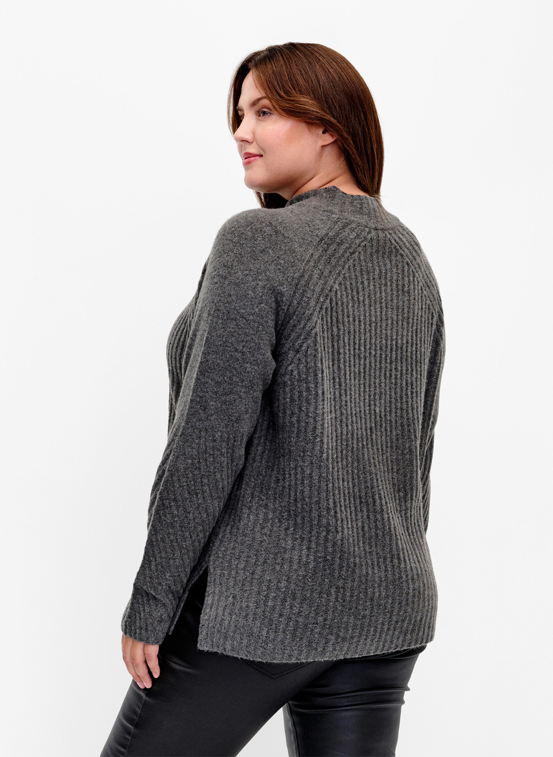 Zizzi Turtleneck strikbluse med rib, Dark Grey Melange, Model image number 1