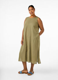 Ærmeløs kjole i bomuldsmix med hør, Deep Lichen Green, Model