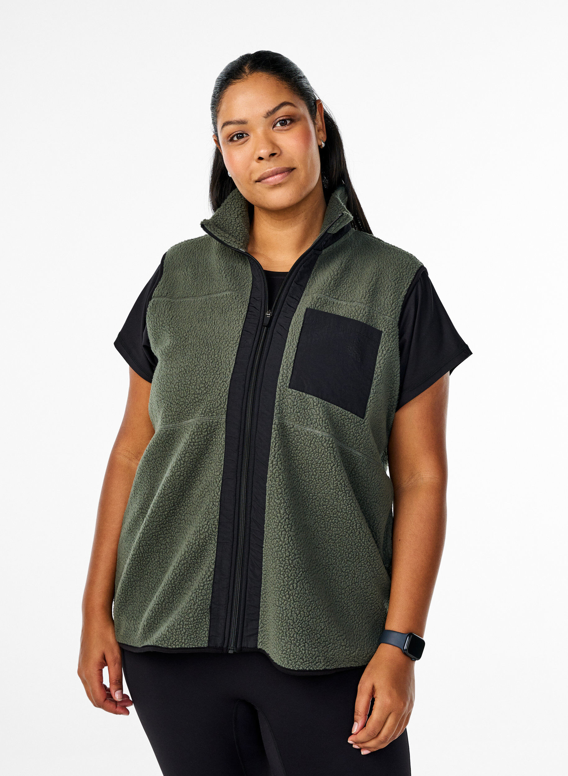Zizzi Sporty teddy vest med lommer, Thyme, Model image number 0