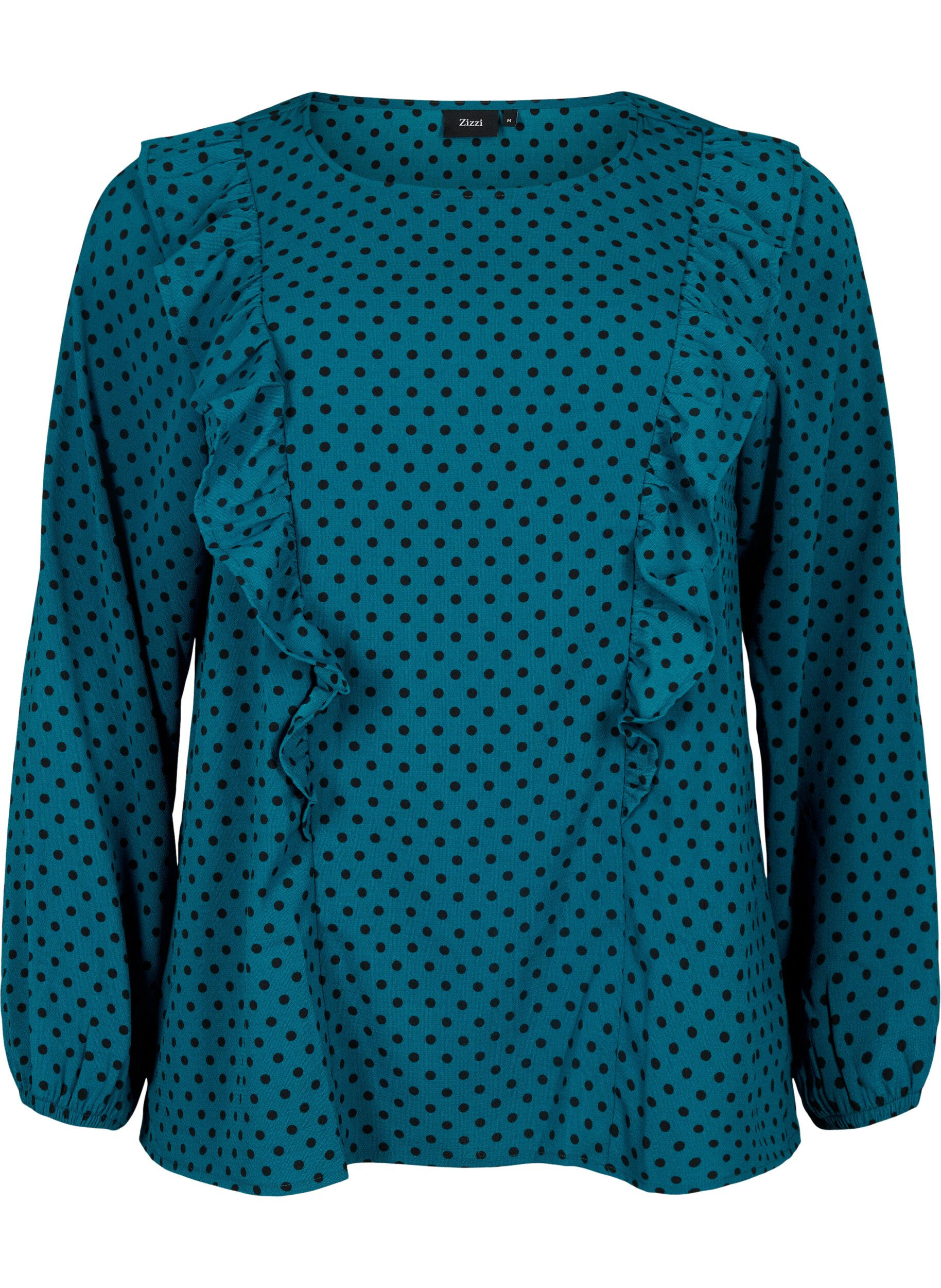 Zizzi Lang&aelig;rmet bluse med fl&aelig;ser, Shaded Spruce Dot, Packshot image number 0