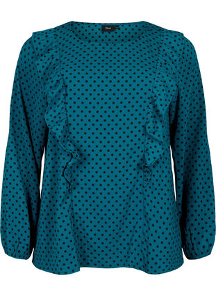 Langærmet bluse med flæser, Shaded Spruce Dot, Packshot image number 0