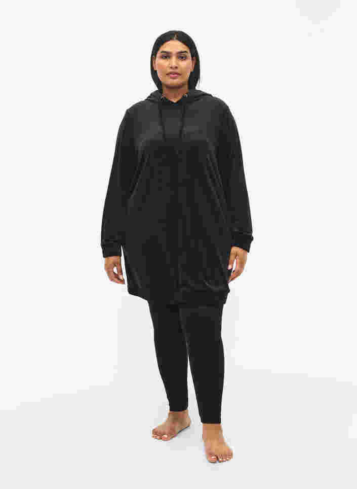 Velour sweatkjole med hætte, Black, Model image number 3