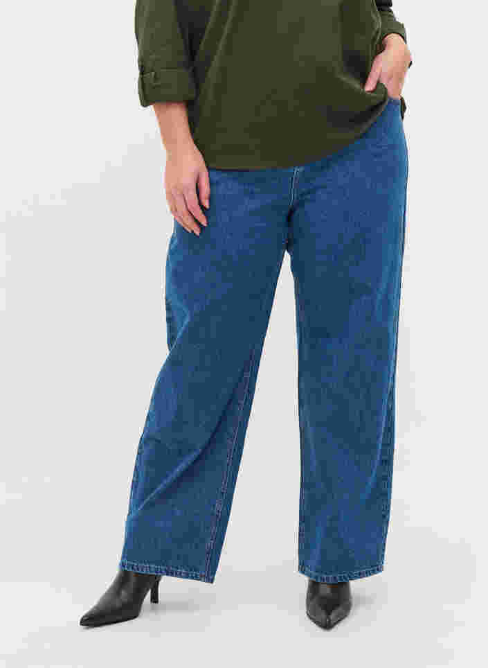 Straight jeans med høj talje, Blue denim, Model image number 2