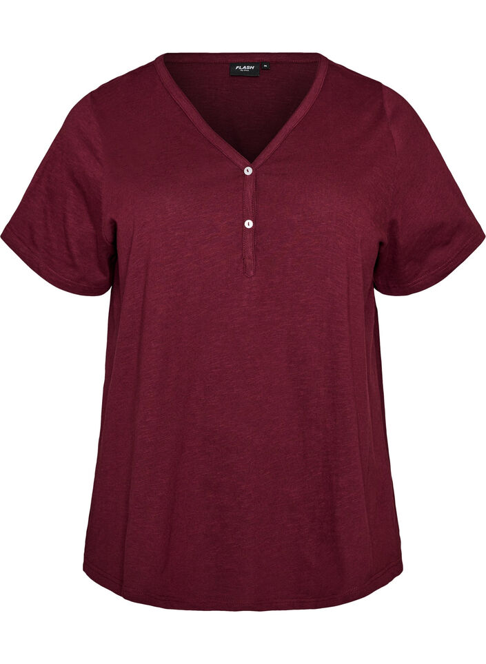 T-shirt med knapdetalje, M&oslash;rk Bordeaux, Packshot image number 0