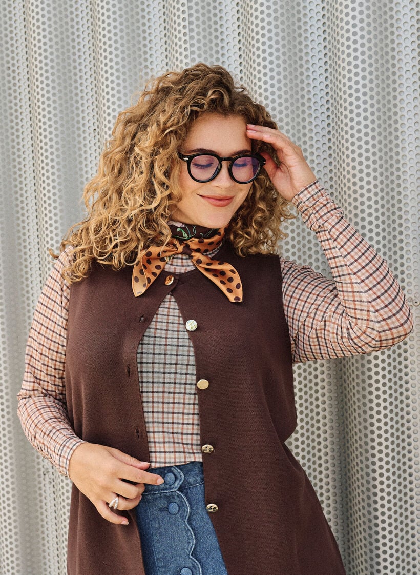 Mesh bluse med ternet m&oslash;nster, Beige, Image image number 0