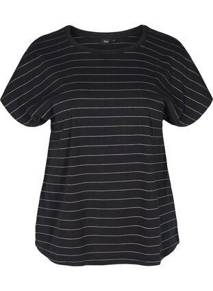 Bomulds t-shirt med glimmer striber, Black w Gold , Packshot image number 0