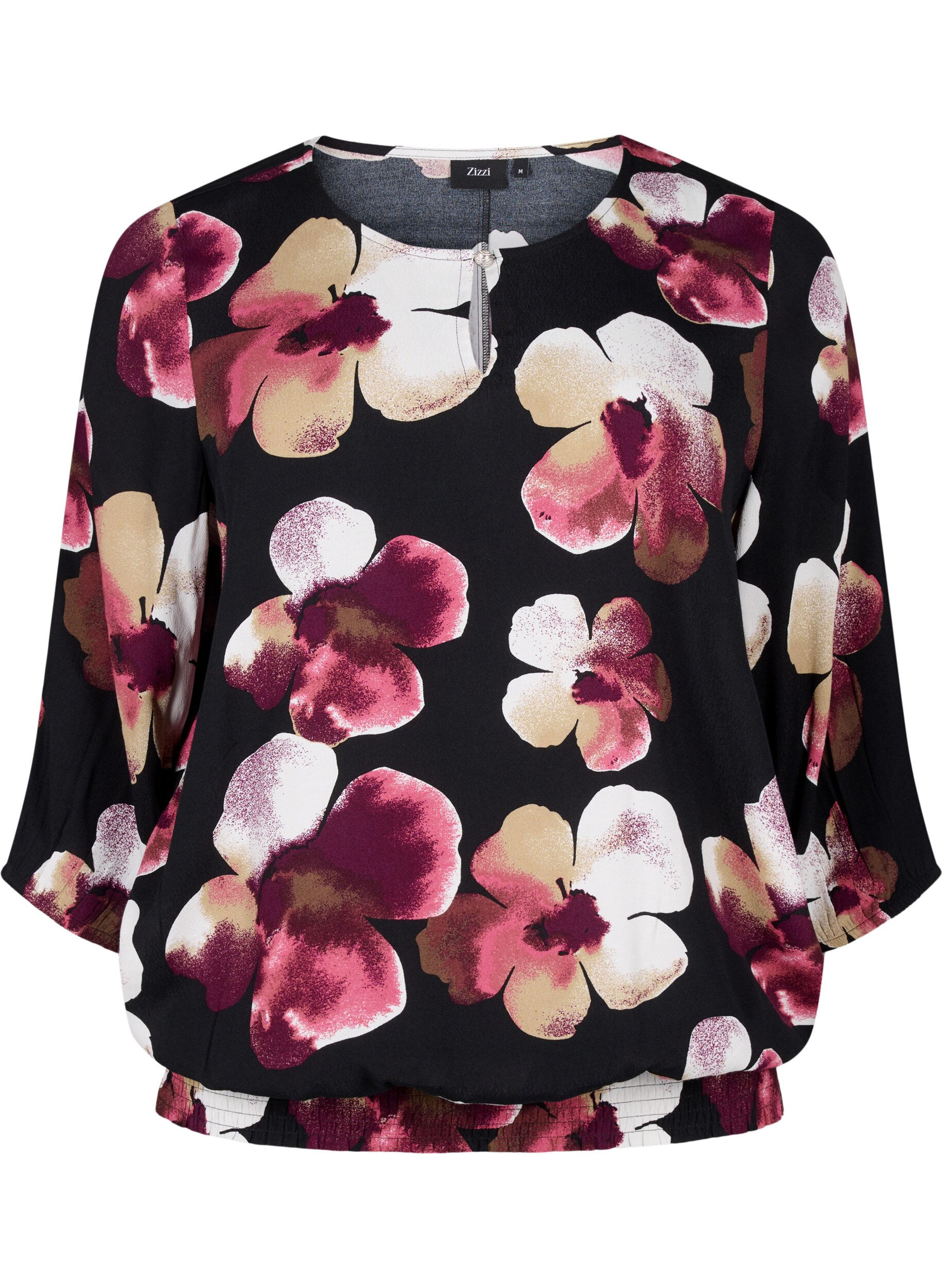 Zizzi Viskosebluse med print og smock, Sort, Packshot image number 0