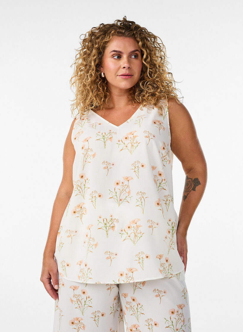 Printet top med v-hals , Hvid, Model image number 0