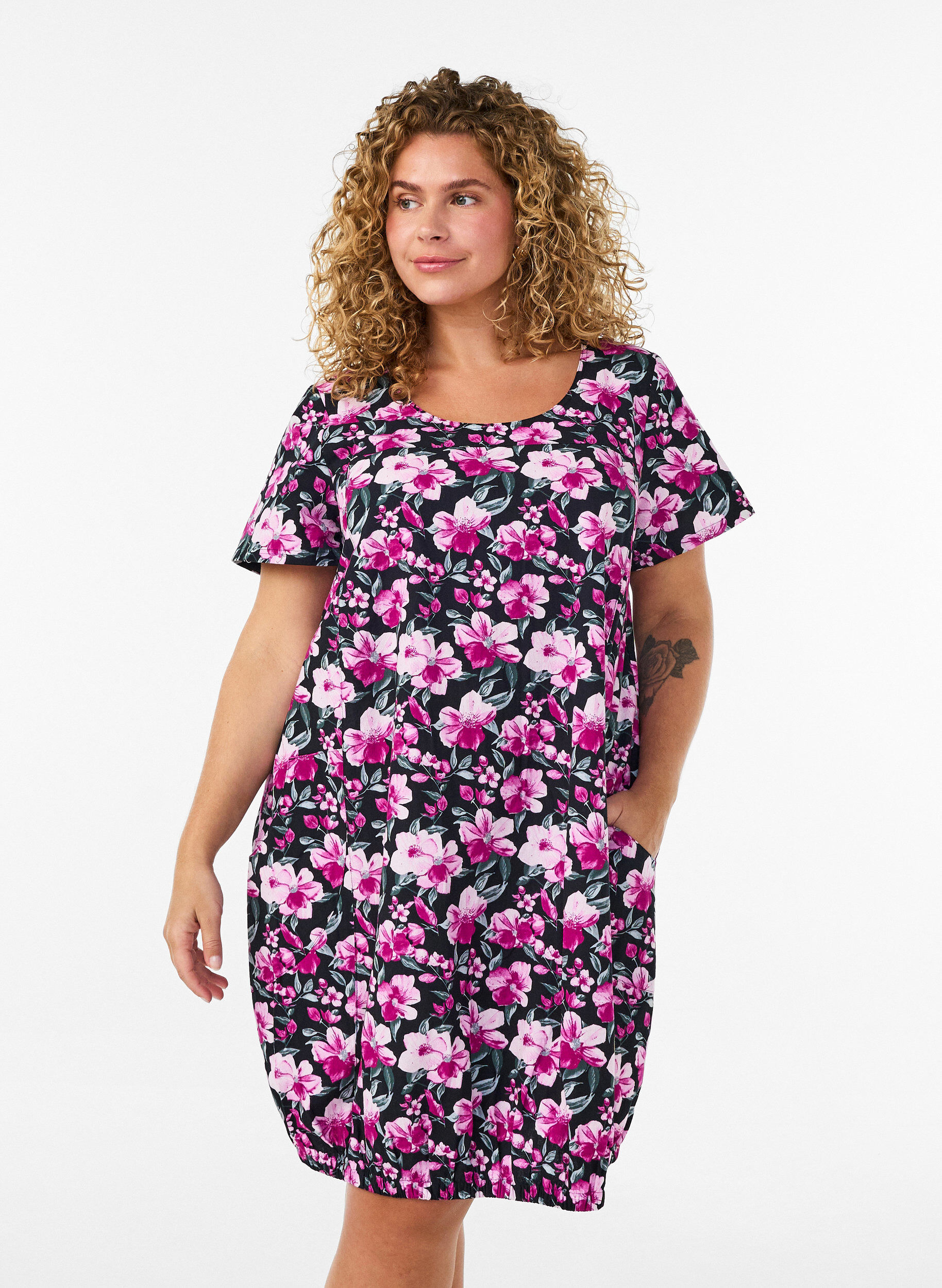 ZizziKort&aelig;rmet bomuldskjole med print, Sort, Model image number 0