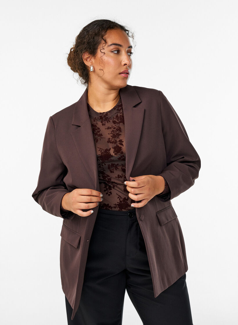Klassisk blazer med knaplukning, Brun, Model image number 3