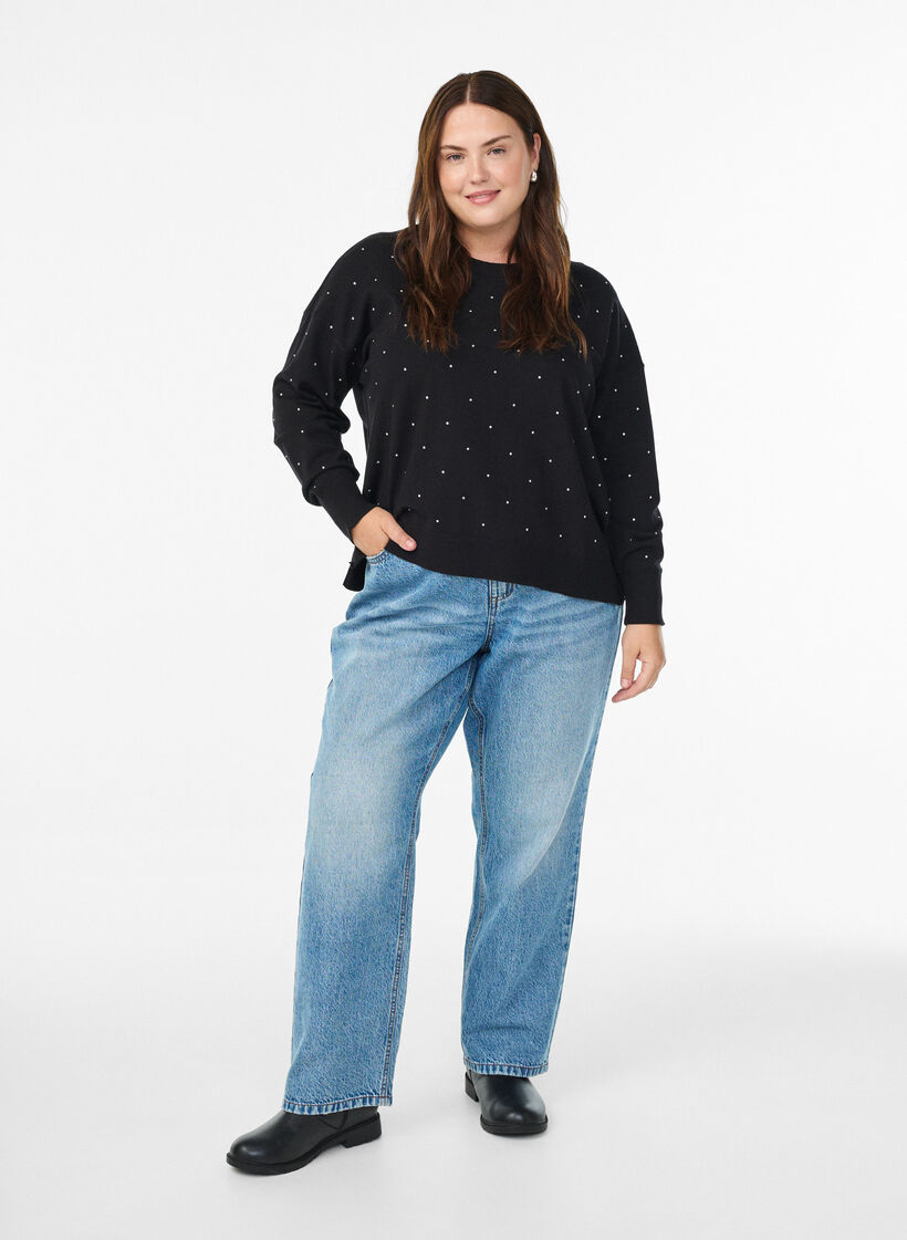 Løs strikbluse med rhinsten, Sort, Model image number 1