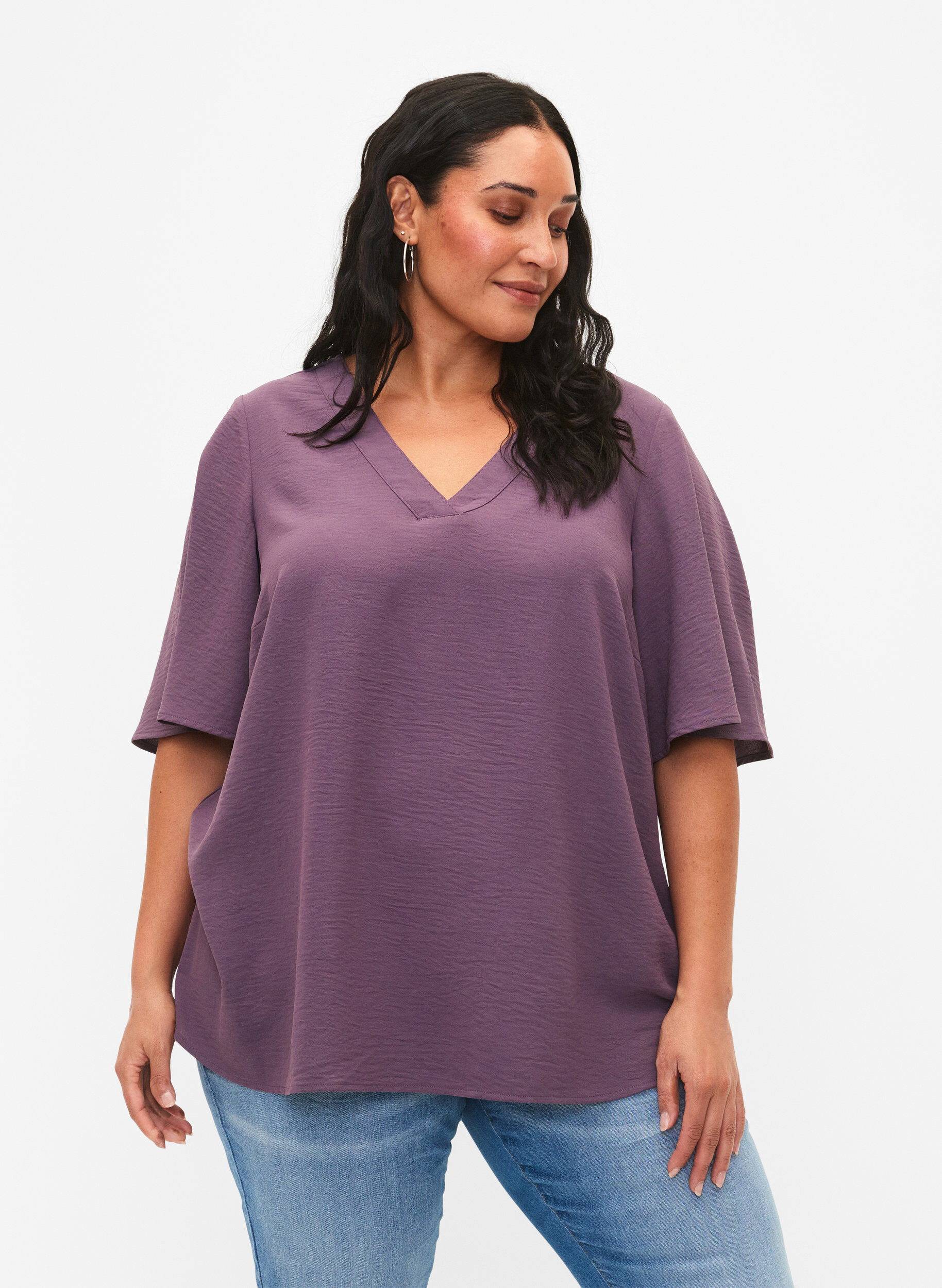 Zizzi Kort&aelig;rmet bluse med a-shape, Vintage Violet, Model image number 0
