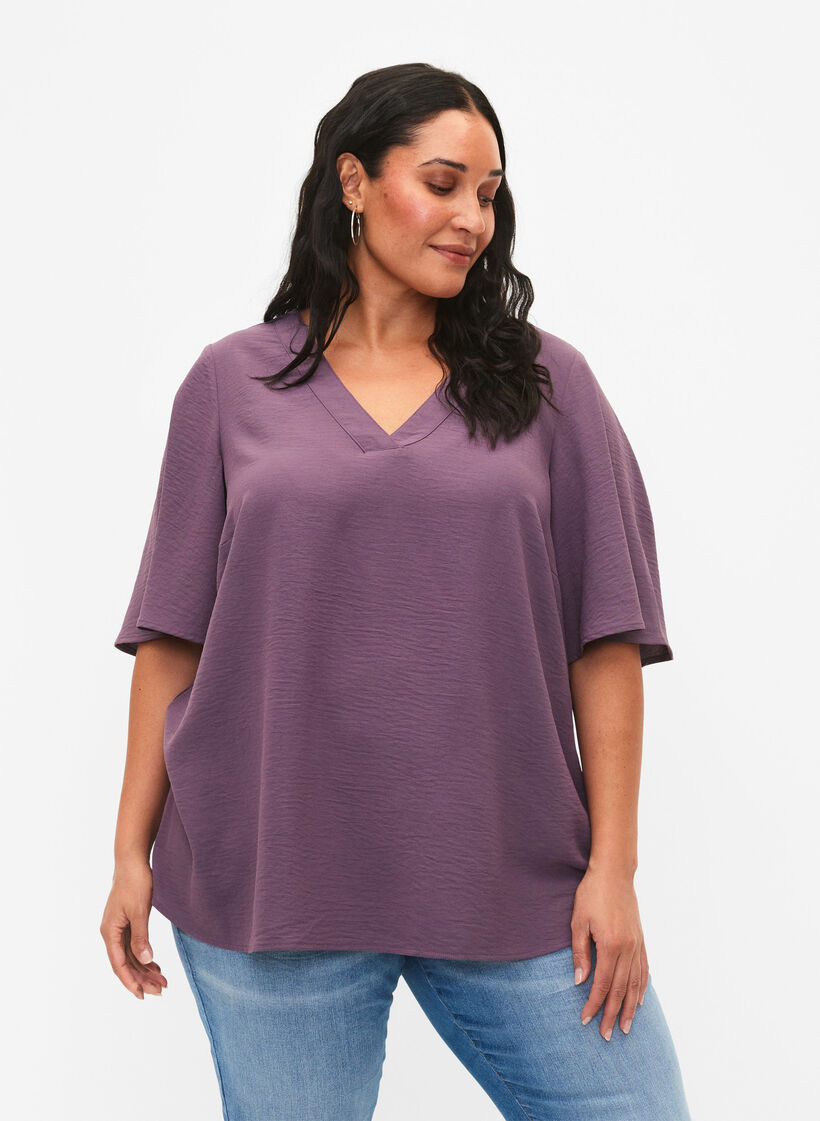 Kortærmet bluse med a-shape, Vintage Violet, Model image number 0