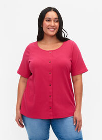 Kortærmet rib t-shirt med knapper, Bright Rose, Model