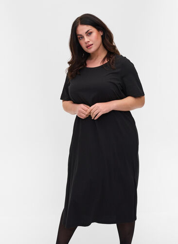T-shirt kjole i bomuld med slids, Black, Model image number 0