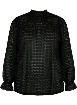 Langærmet bluse med mønstret tekstur, Black, Packshot image number 0