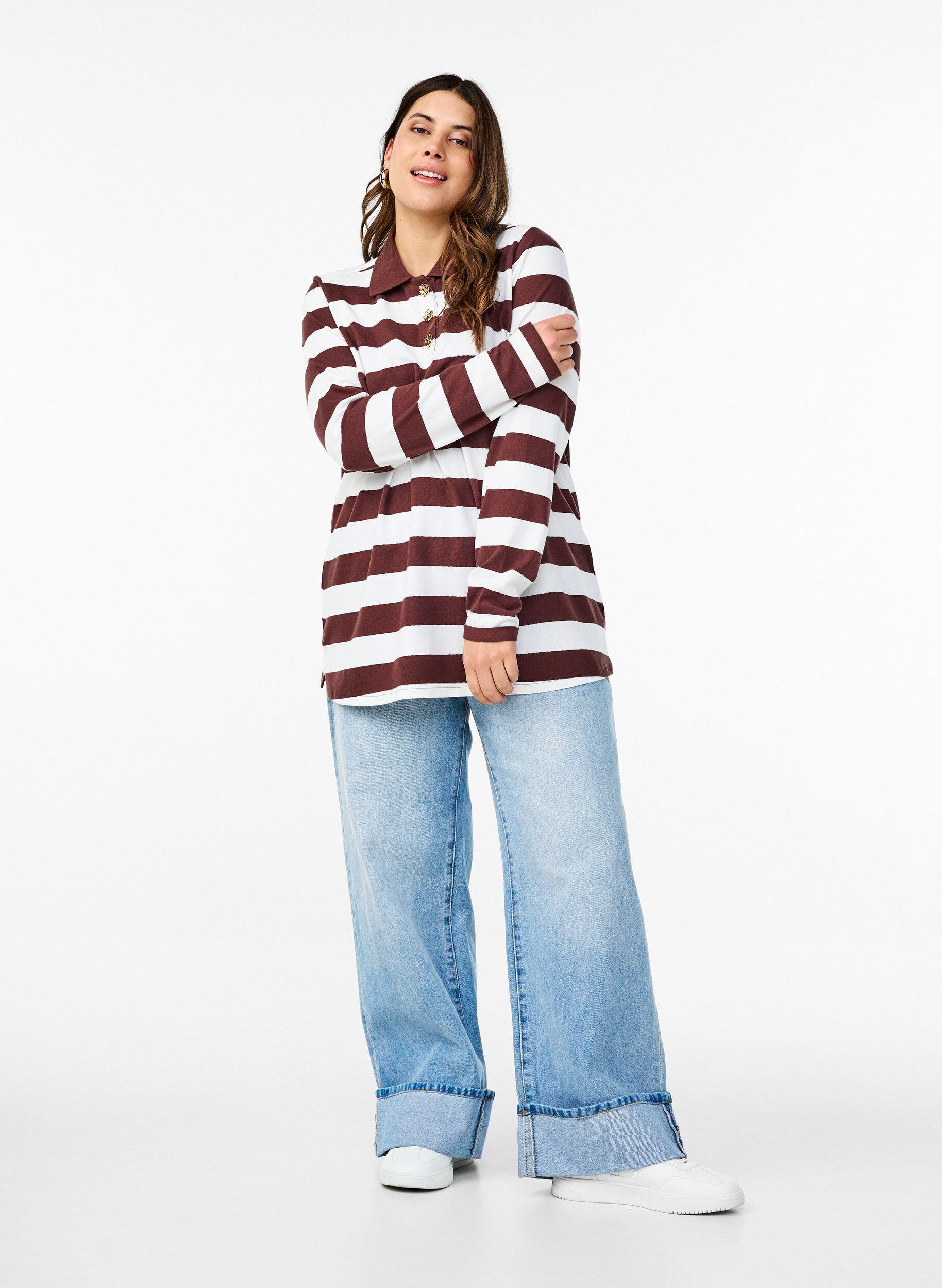 Zizzi Stribet poloshirt med lange &aelig;rmer, M&oslash;rk Bordeaux, Model image number 1