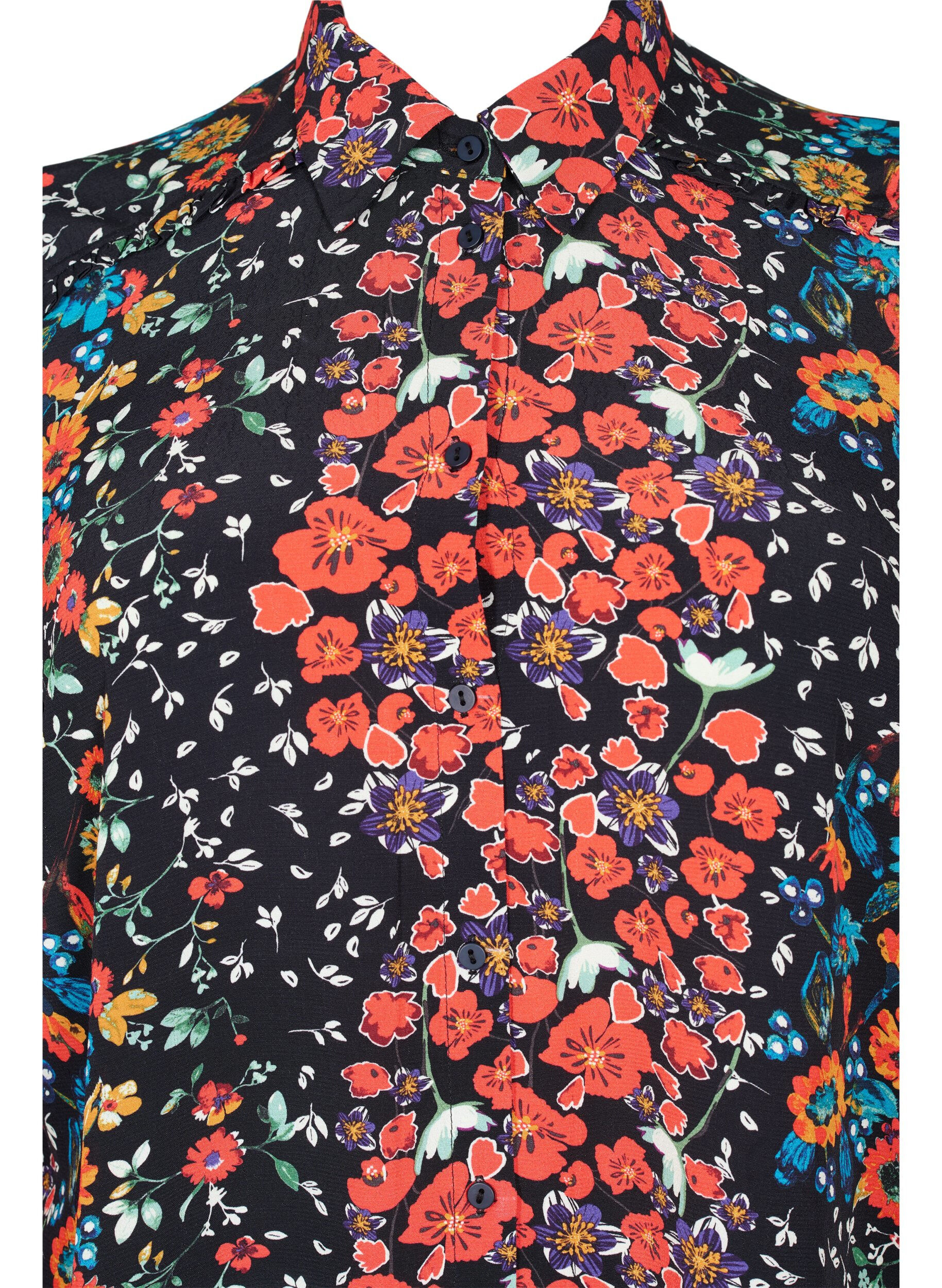 Zizzi Lang viskose skjorte i blomsterprint, Black Flower, Packshot image number 2