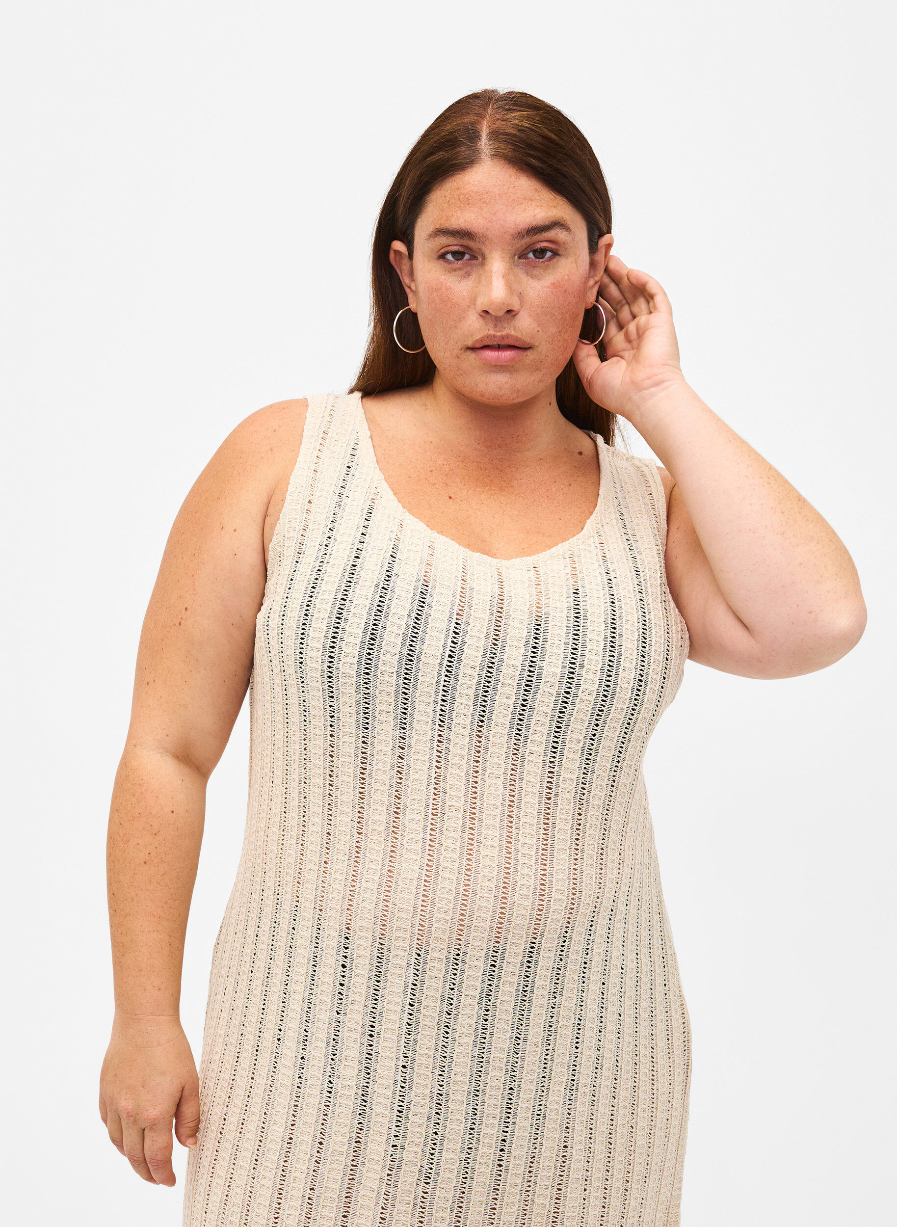 Zizzi Let v&aelig;vet strandkjole med slidser, Brazilian Sand, Model image number 2