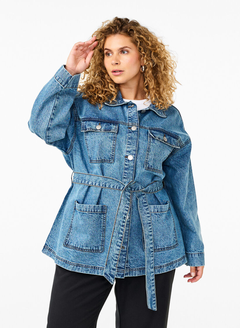 Denimjakke med bindebælte, Blue Denim, Model image number 0