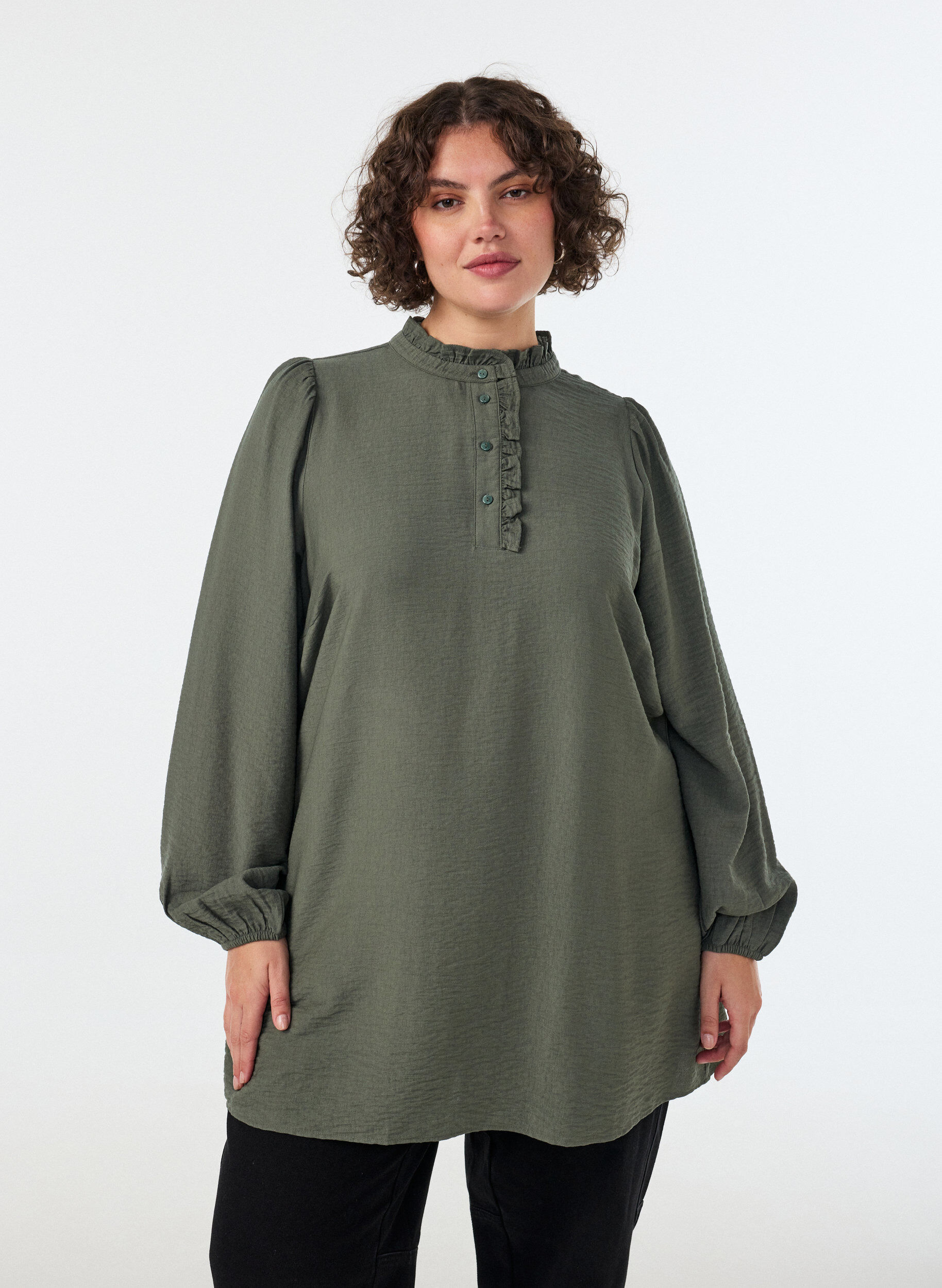 ZizziViskosetunika med fl&aelig;ser og knapper, Gr&oslash;n, Model image number 0