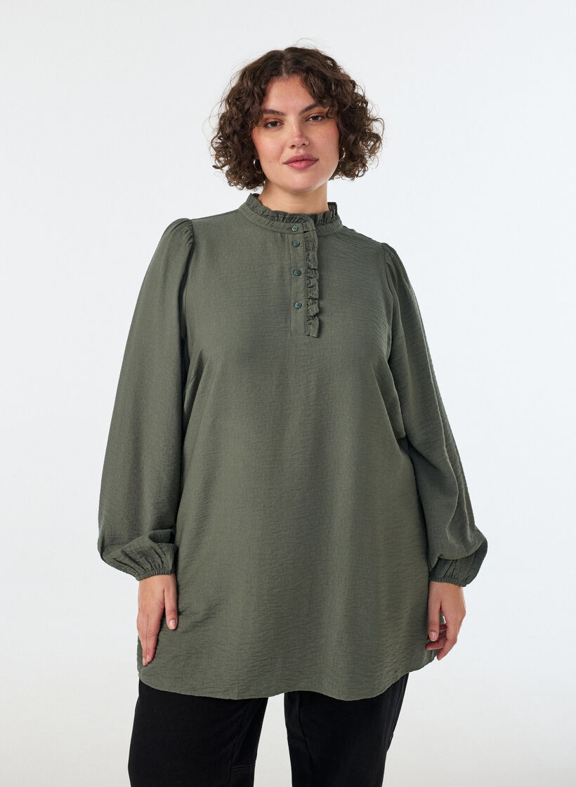 Viskosetunika med fl&aelig;ser og knapper, Gr&oslash;n, Model image number 0