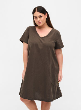 Kortærmet kjole i bomuld, Khaki Green, Model image number 0